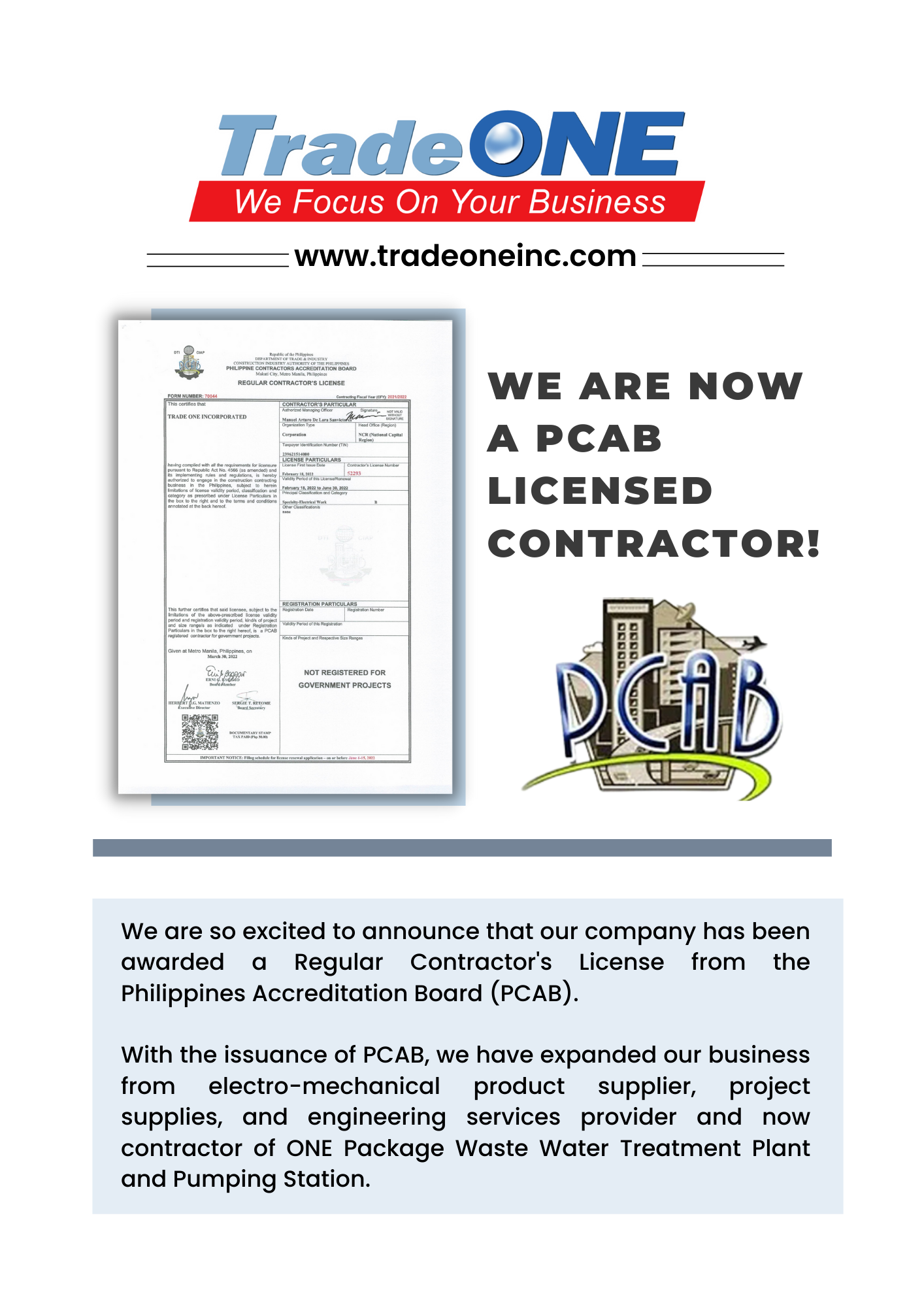 PCAB ACCREDITED APPROVED - Trade One Inc